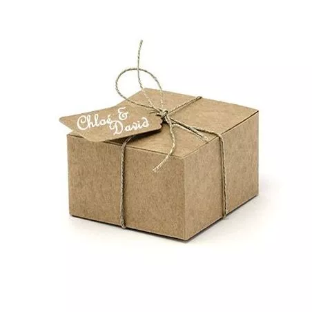 10 Boîte dragée carton Carré kraft ruban et étiquettes 10 Boîte dragée carton Carré kraft ruban et étiquettes