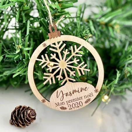 Boule de noël personnalisée Bois - Flocon neige Boule de noël personnalisée Bois - Flocon neige