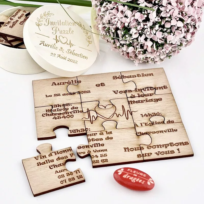 Faire part mariage puzzle bois personnalisé (+Boite) Faire part mariage puzzle bois personnalisé (+Boite)