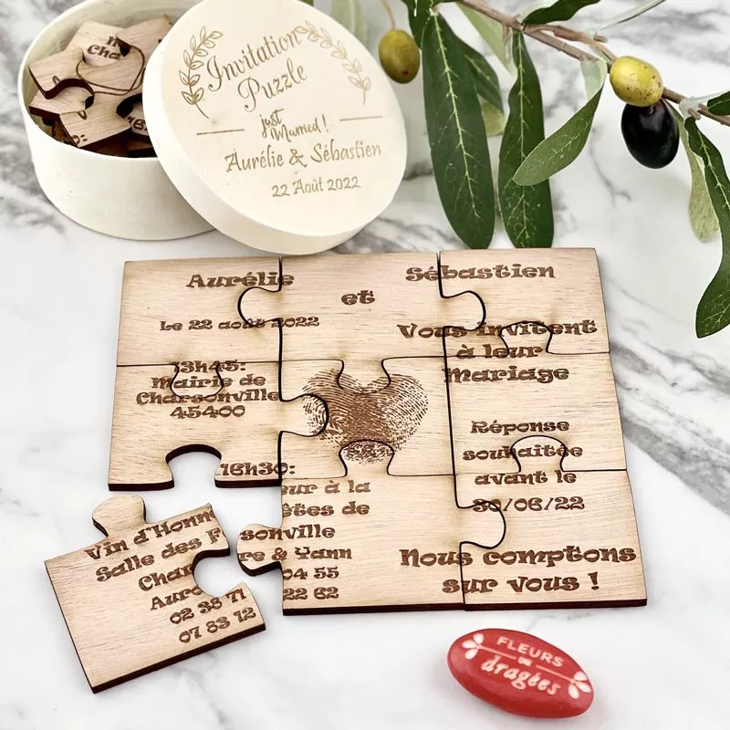 Faire part puzzle Mariage bois personnalisé (+Boite) Faire part puzzle Mariage bois personnalisé (+Boite)