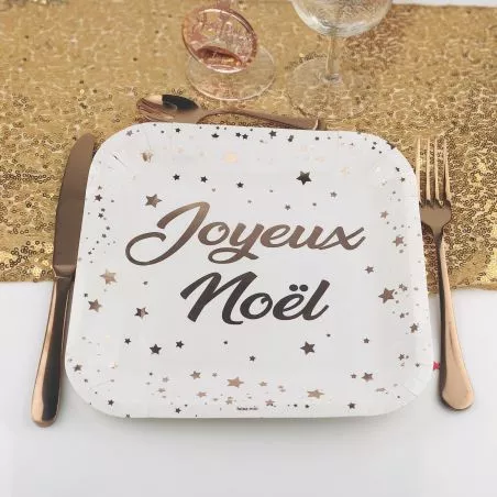 Assiette jetable Blanche et rose gold - Joyeux Noel X10 Assiette jetable Blanche et rose gold - Joyeux Noel X10