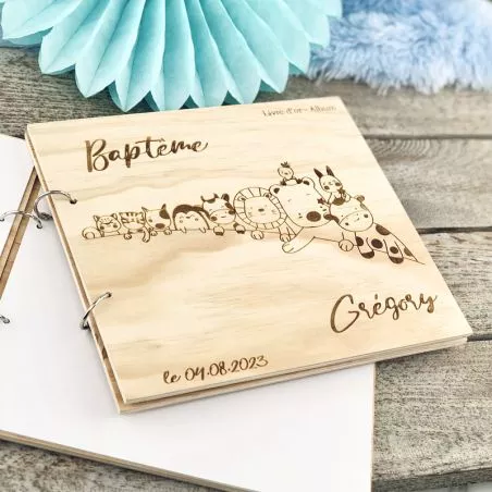 Livre d'or baptême Bois - La table animaux Livre d'or baptême Bois - La table animaux